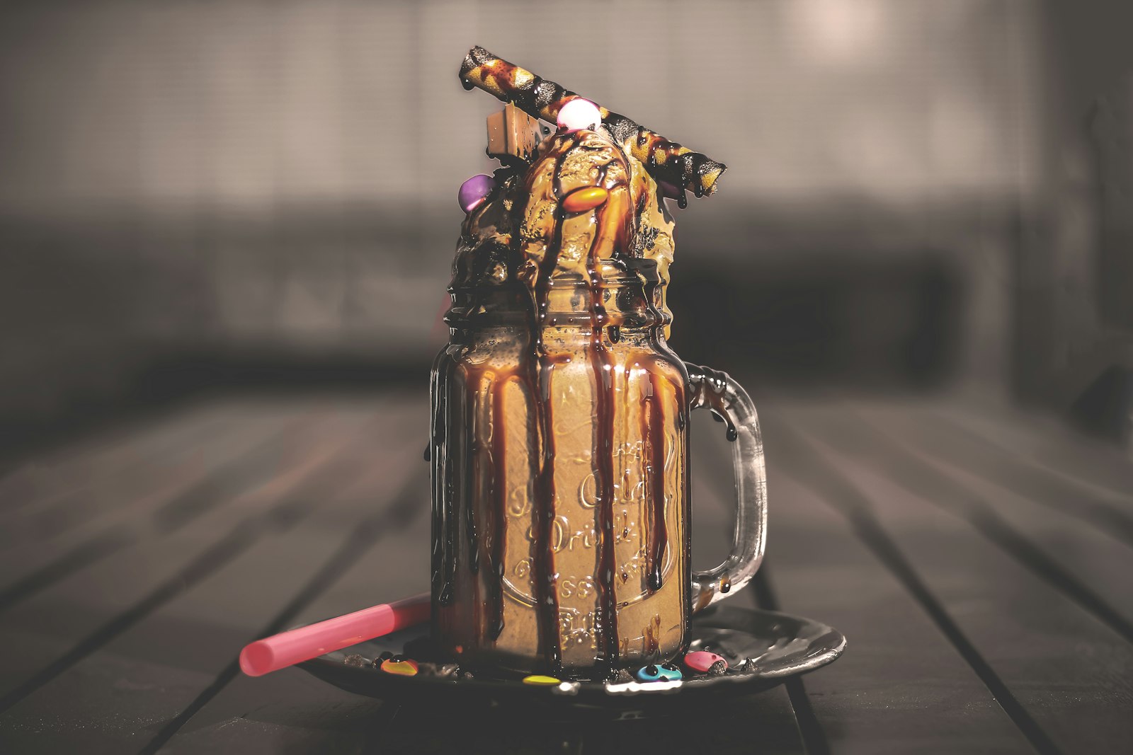 A thick frozen coffee drink topped with cream and chocolate